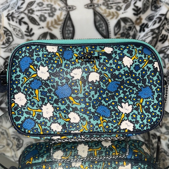 Coach NY, Yankee Floral Print Canvas Crossbody Clutch Bag Purse Teal - Picture 2 of 16